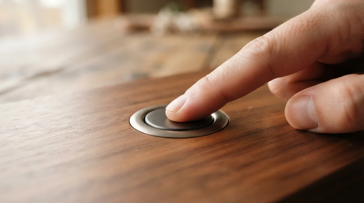 A finger presses a circular button embedded in a wooden surface