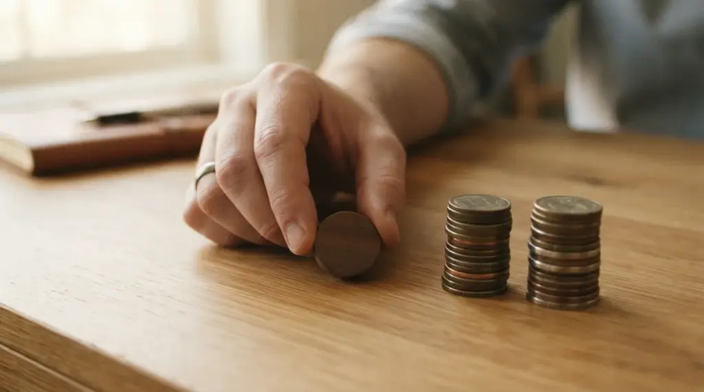 A single adult hand thoughtfully placing a smooth, plain wooden token, marking a conceptual "line" on a warm