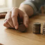 A single adult hand thoughtfully placing a smooth, plain wooden token, marking a conceptual "line" on a warm