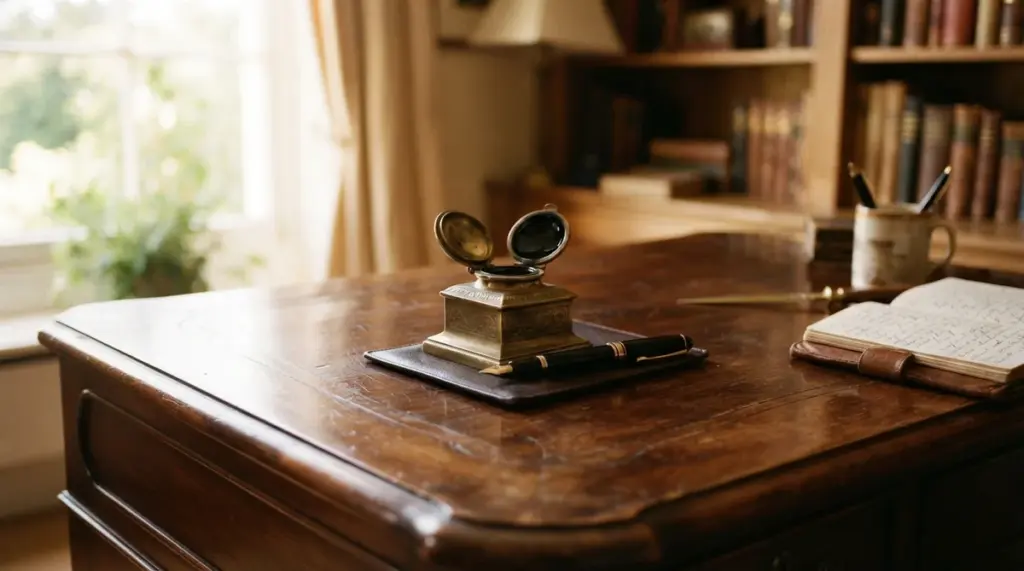 An antique inkwell with an open lid and fountain pen rests on a wooden desk in a library
