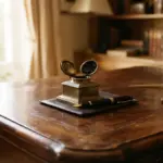 An antique inkwell with an open lid and fountain pen rests on a wooden desk in a library