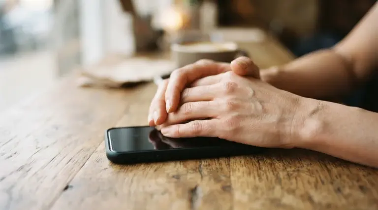 Hands resting on a smartphone placed on a wooden table
