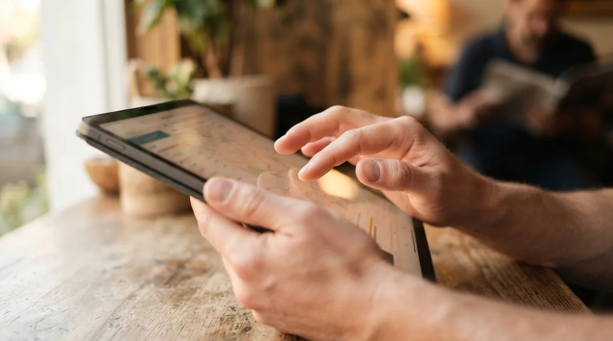Hands holding a tablet, carefully examining content on the screen, in a warm, natural light.