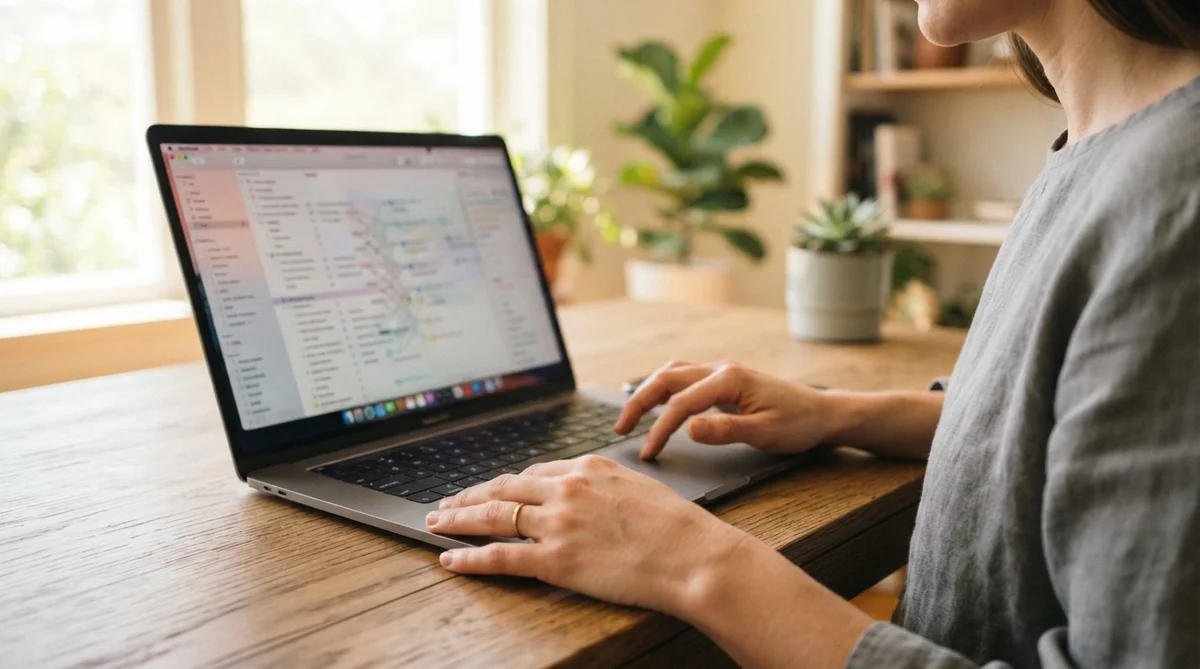 Hands gently scrolling on a laptop screen, browsing through information in a calm, focused manner.