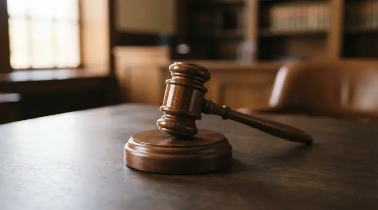 A wooden gavel rests on its sounding block atop a desk in a law library or courtroom