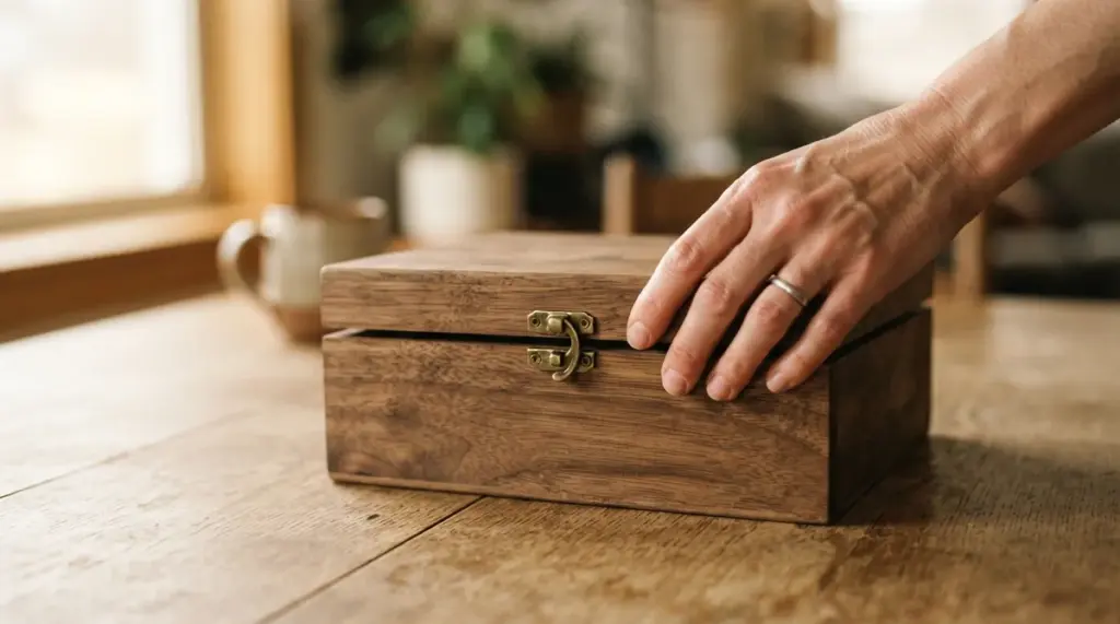 A hand resting on a small, rectangular wooden box featuring a brass latch on a wooden surface