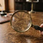 A hand holds a magnifying glass over a wooden desk with an inkwell in the background
