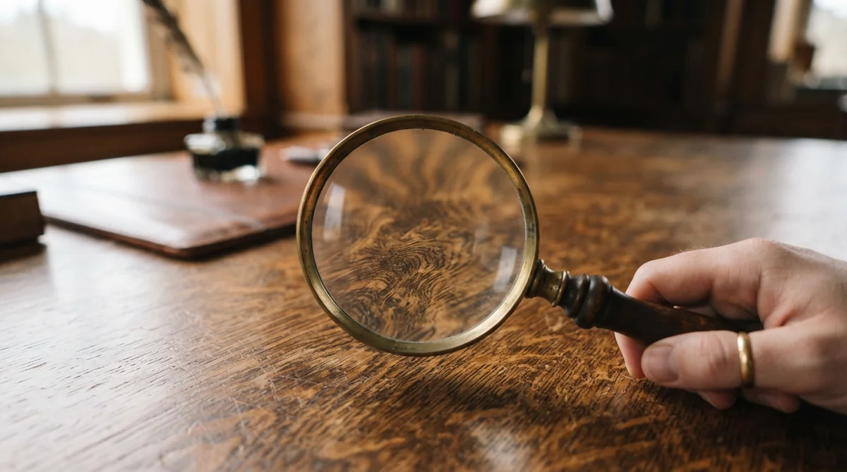 A hand holds a magnifying glass over a wooden desk with an inkwell in the background