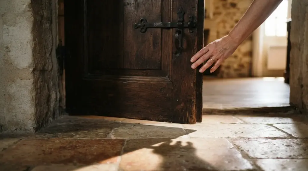 A close-up of a hand pausing at the threshold of a sturdy, slightly ajar dark wooden door