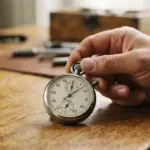 A hand holds a stopwatch on a wooden table with tools in the background