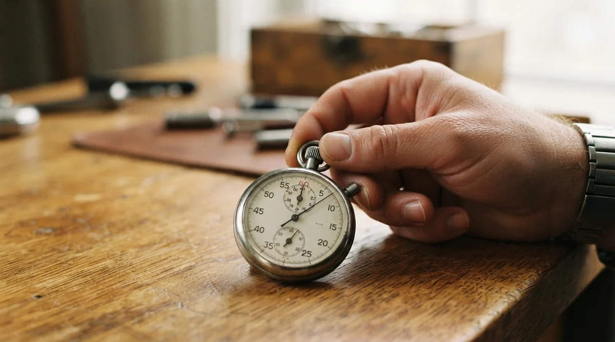 A hand holds a stopwatch on a wooden table with tools in the background