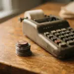 A vintage Facit mechanical calculator sits on a wooden desk next to a small stack of copper coins