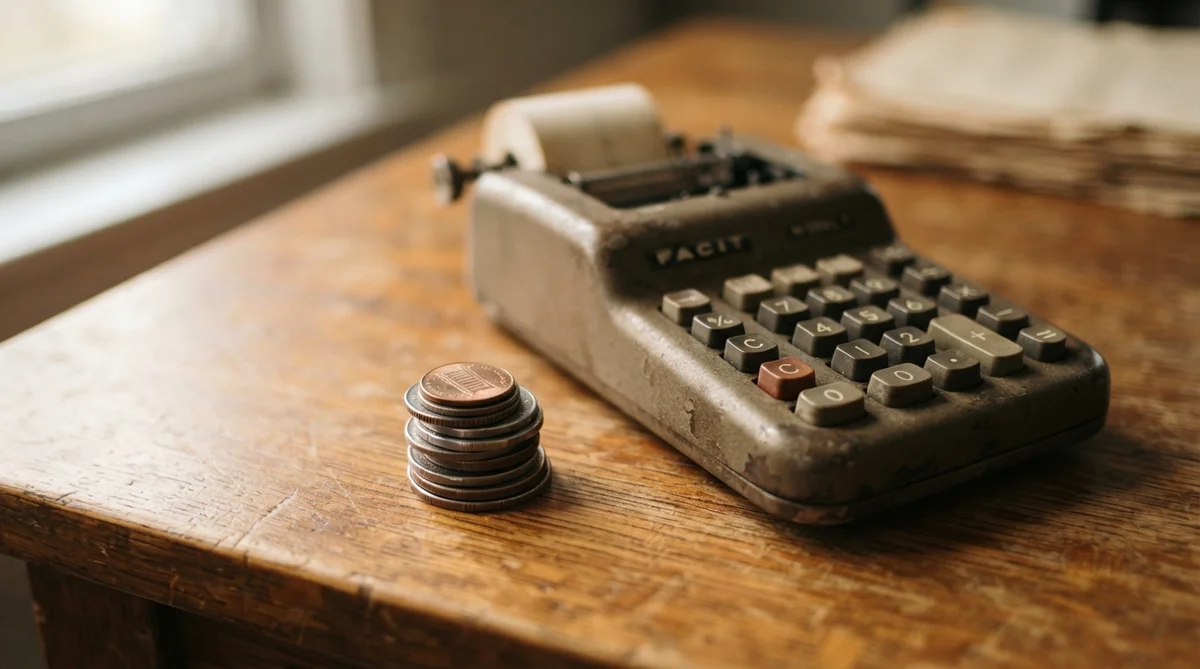 A vintage Facit mechanical calculator sits on a wooden desk next to a small stack of copper coins