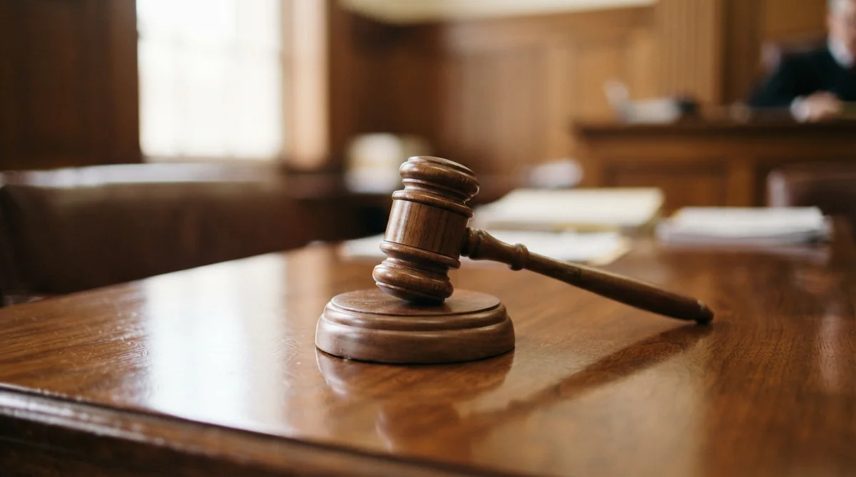 A wooden gavel rests on a round sounding block atop a table in a courtroom