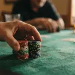 A person's hand placing a stack of poker chips on a green felt gaming table