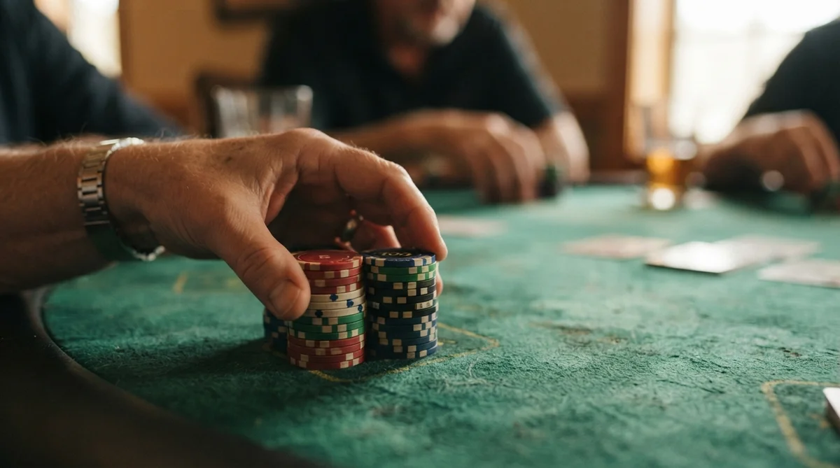A person's hand placing a stack of poker chips on a green felt gaming table
