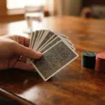 A human hand subtly fanning elegant playing cards with their backs showing, beside a small stack of poker chips, on a warm