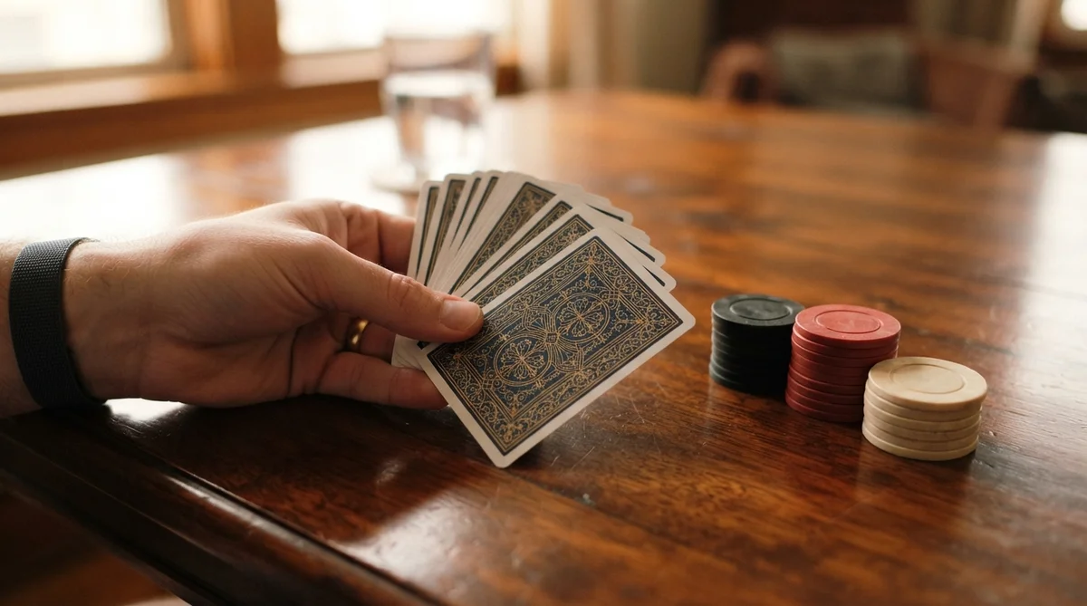 A human hand subtly fanning elegant playing cards with their backs showing, beside a small stack of poker chips, on a warm