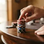 A neat stack of poker chips on a polished wooden surface, illuminated by warm daylight from the side