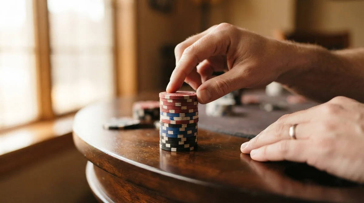 A neat stack of poker chips on a polished wooden surface, illuminated by warm daylight from the side
