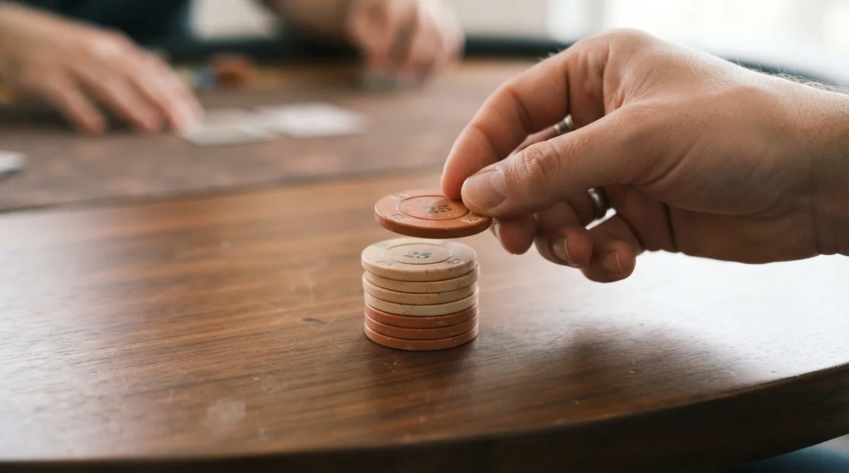 A close-up shot of a hand gently placing a single, warm-toned betting chip onto a small stack on a smooth